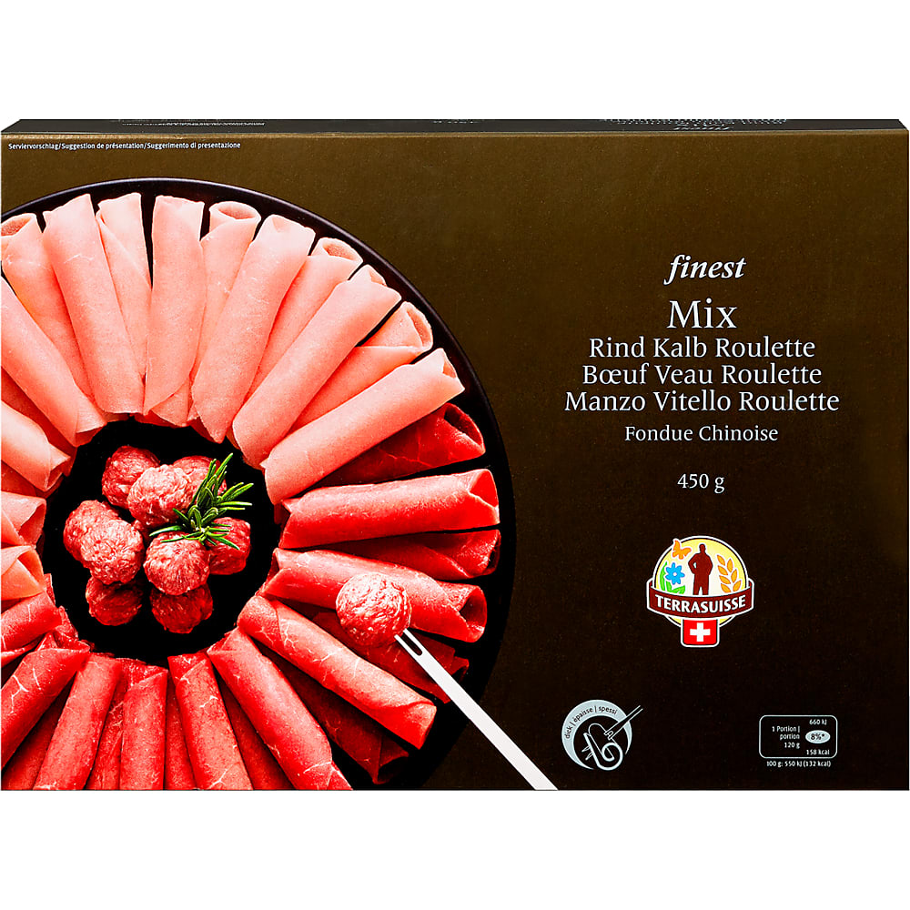 Finest IPSUISSE · Fondue Chinoise Mix · Boeuf / Veau / Roulette tranches épaisses • Migros