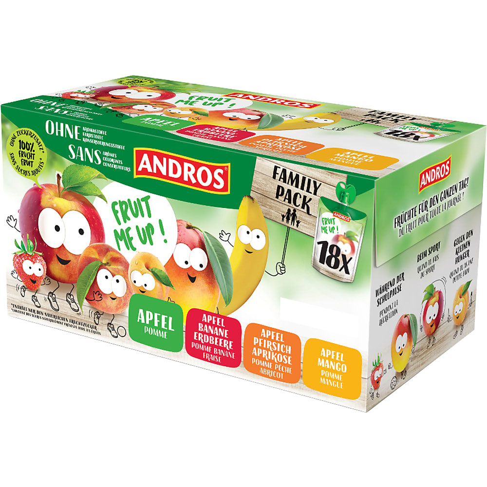 Andros Fruit Me Up ! · Compote · Pomme, pomme banane et fraise, pomme pêche et abricot et pomme