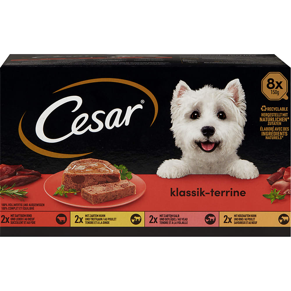 Kaufen Cesar · Hundefutter für ausgewachsene Hunde · 2x Rindfleisch und Leber, 2x Huhn und Pute