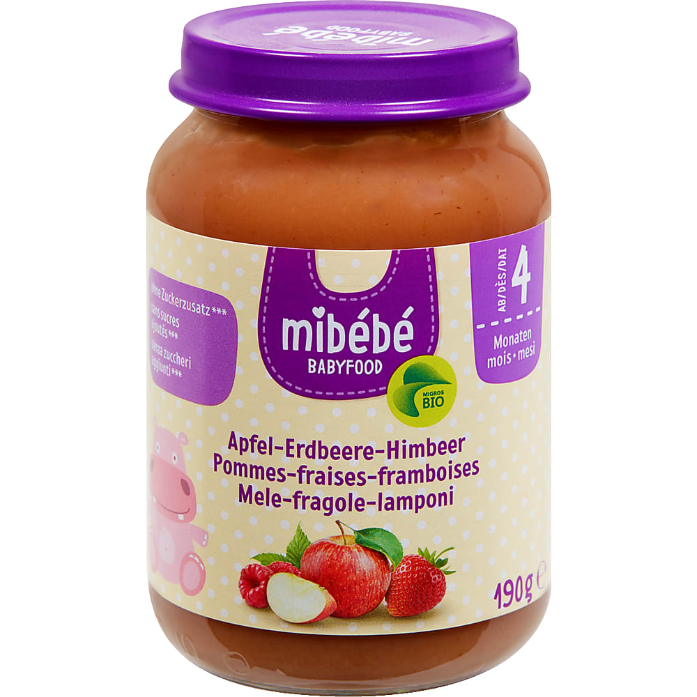 Mibébé Bio Babyfood · Compote Strawberryraspberryapple · from 4 months • Migros