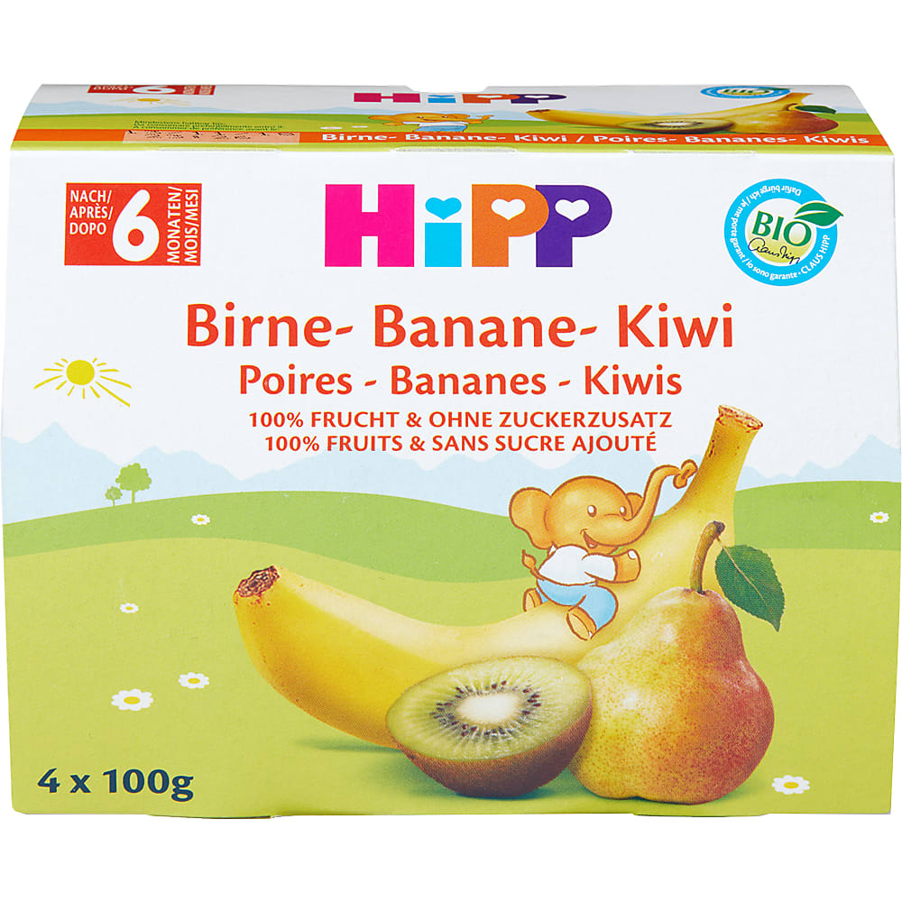 Achat HiPP · Compote 100 fruits · Kiwi, poire et banane Après 6 mois