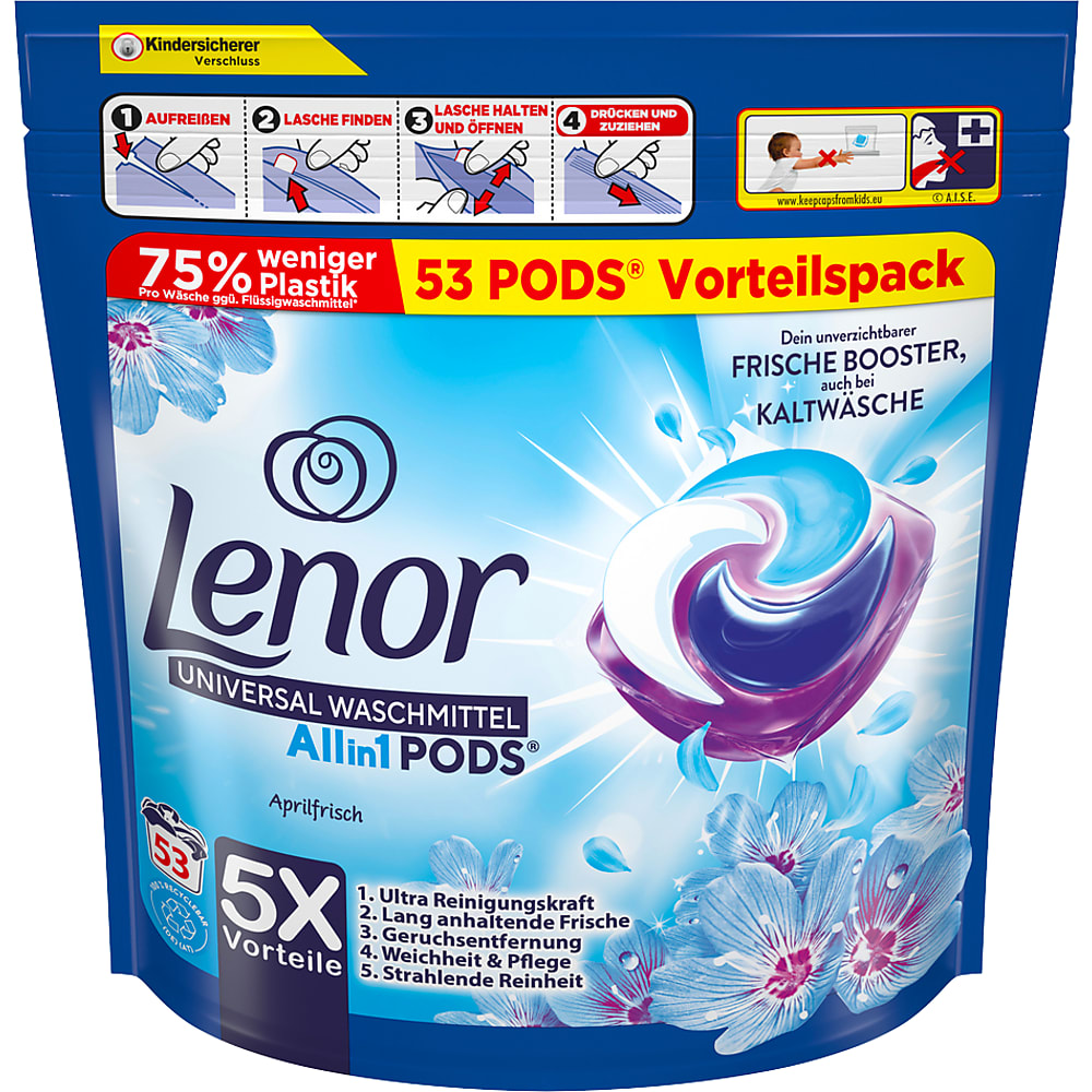 Buy Lenor All in 1 Pods · Heavyduty detergent tablets · April Fresh