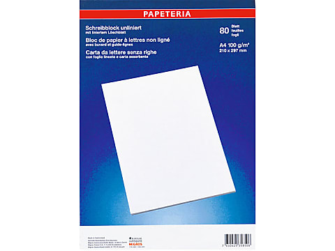 Achat Papeteria · Bloc de papier à lettres A5, non ligné · 100g/m2, avec  buvard et guide-lignes • Migros