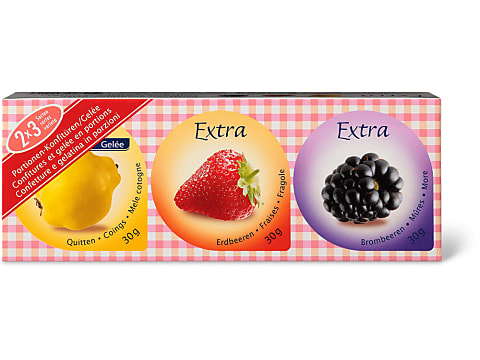 Achat Extra · Confitures en portions · coings, fraises, mûres • Migros