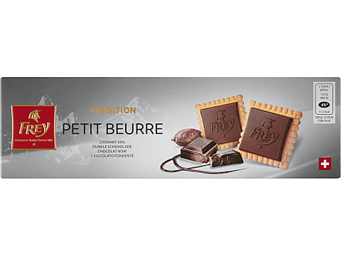 Achat Frey Petit Beurre · Petit-Beurre avec chocolat au lait extra fin ·  Chocolat noir crémant 55% • Migros